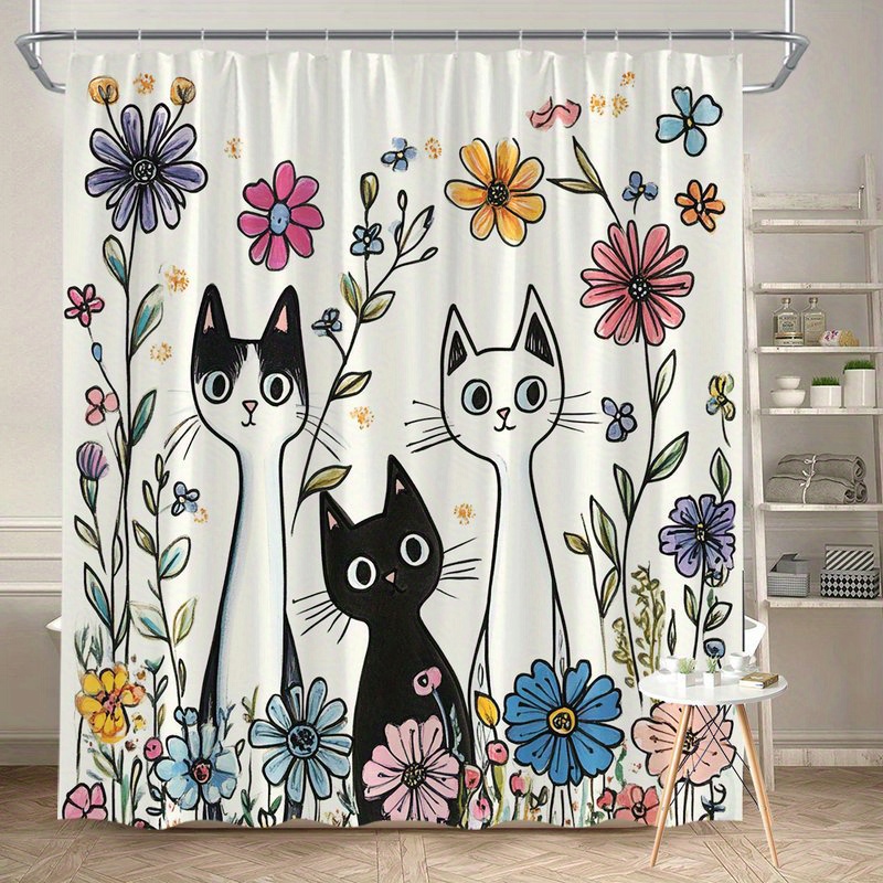 1pc whimsical cartoon cats colorful flowers shower curtain hand drawn digital illustration black   with   yellow flowers   pastel   beige background machine washable 70x70 inches bathroom decor