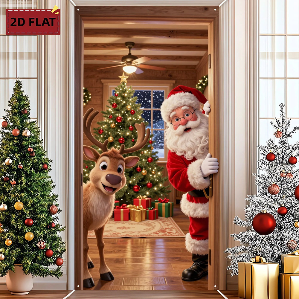 TEMU Pancarta 2D, pancarta para puerta 2D, cortina 2D para puerta/porche, 1 pieza, con temático de Papá Noel y reno por un árbol de Navidad y una de