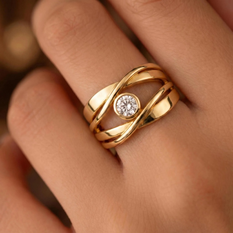 TEMU Elegant Modern Golden Round Synthetic Synthetic Zirconia Inlaid Layered Crossover Wide Band Statement Ring For Women Trendy Fashion Jewelry For