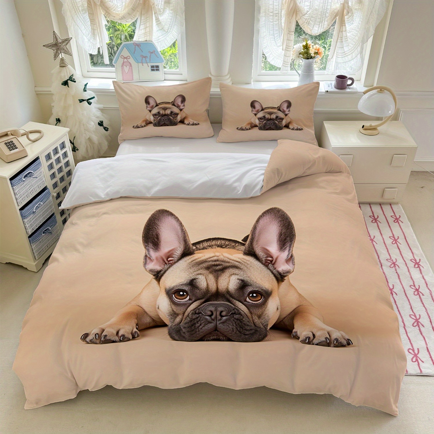 TEMU Beige And White Bedding Featuring A French Bulldog Print, Including 1 Duvet Cover And 2 Pillowcases (core Not Included) For Your Bedroom