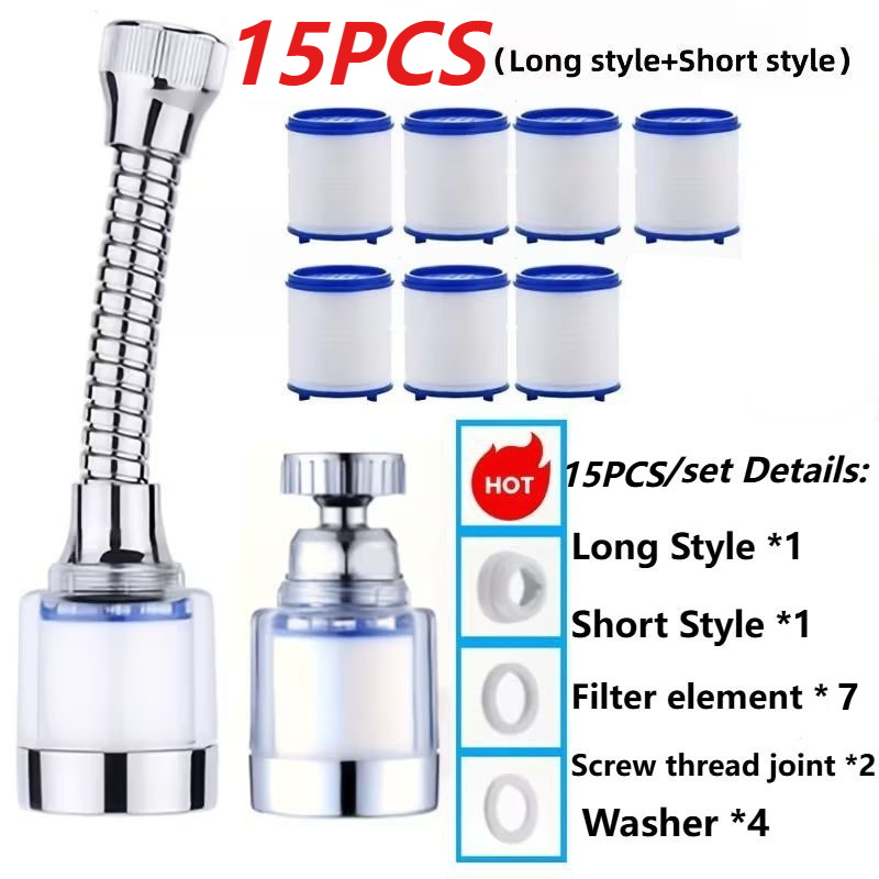Image of 15pcs [long Style And Short Style] Home Faucet Extender, Filter, Extension, 360-degree Rotatable, Shower Faucet Filter, Universal Faucet, Kitchen Tap Water Booster Extender