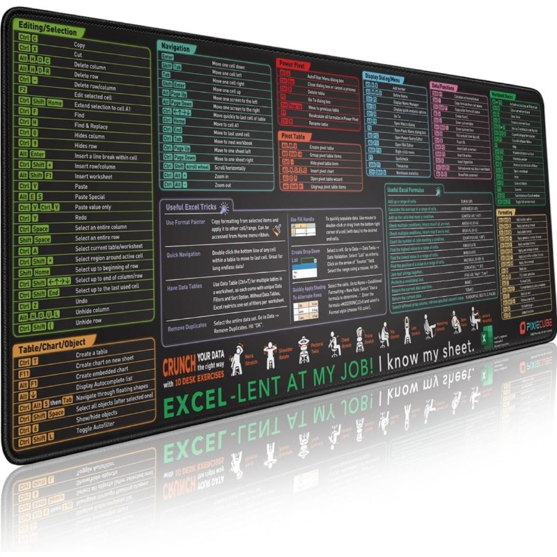 

Xl Excel Shortcut Keys Mouse Pad - Extended Gaming & Office Mat With Non-slip