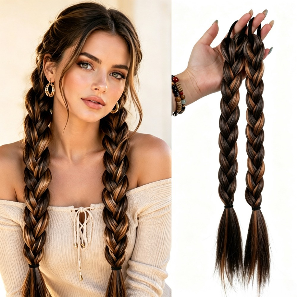 Highlighted Thick Braided Ponytail Hair Extensions, Double Long Chunky Braid Wigs With Elastic Tie, Brown Mix Blonde Streaked Synthetic Hair Pieces For Women Daily Casual Cowgirl Festival Hairstyle