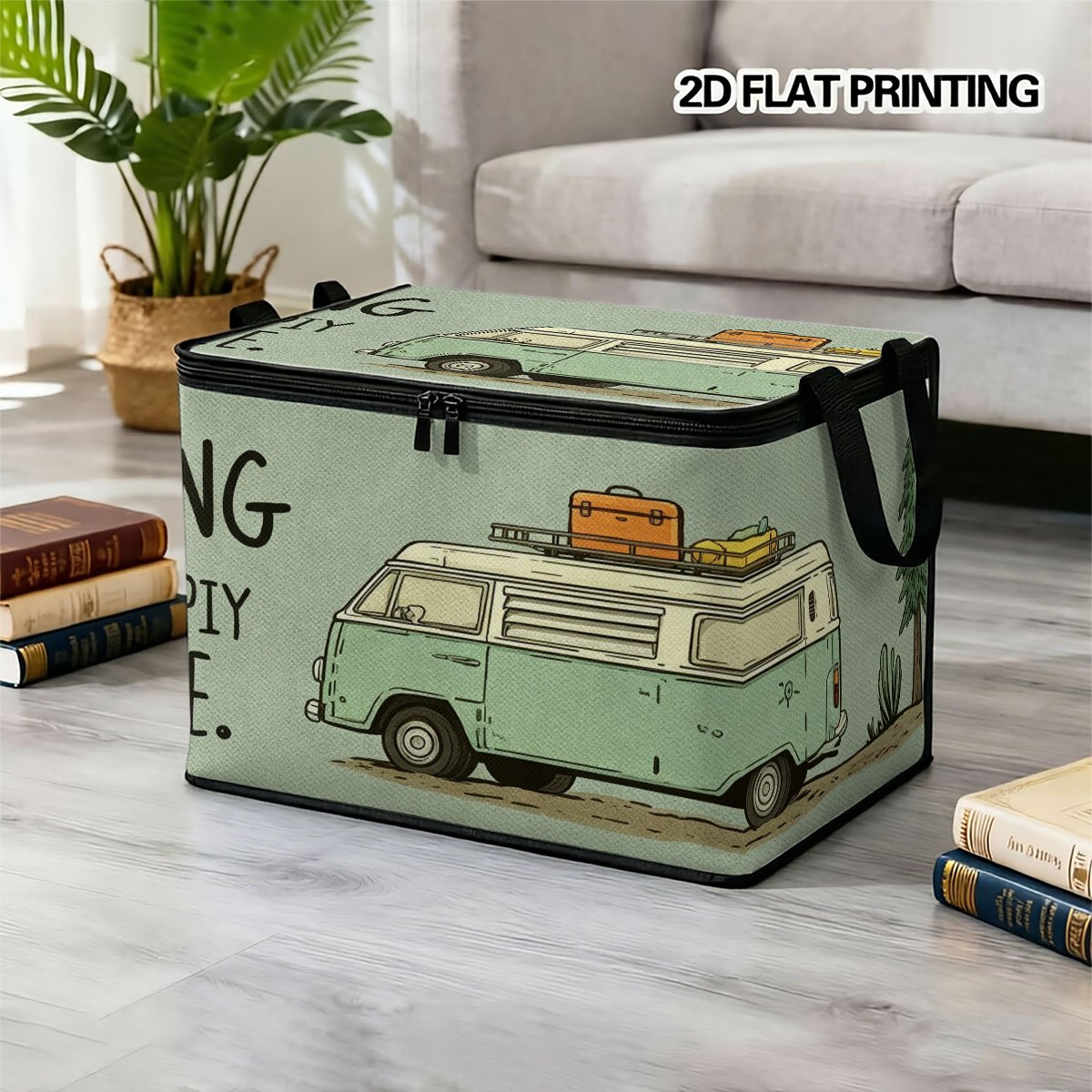 TEMU 1pc Large Foldable Zippered Storage Box With Element Print, Vintage Camping Rv Fun Slogan 2d Printed Pattern, Ideal For Travel, Packing,