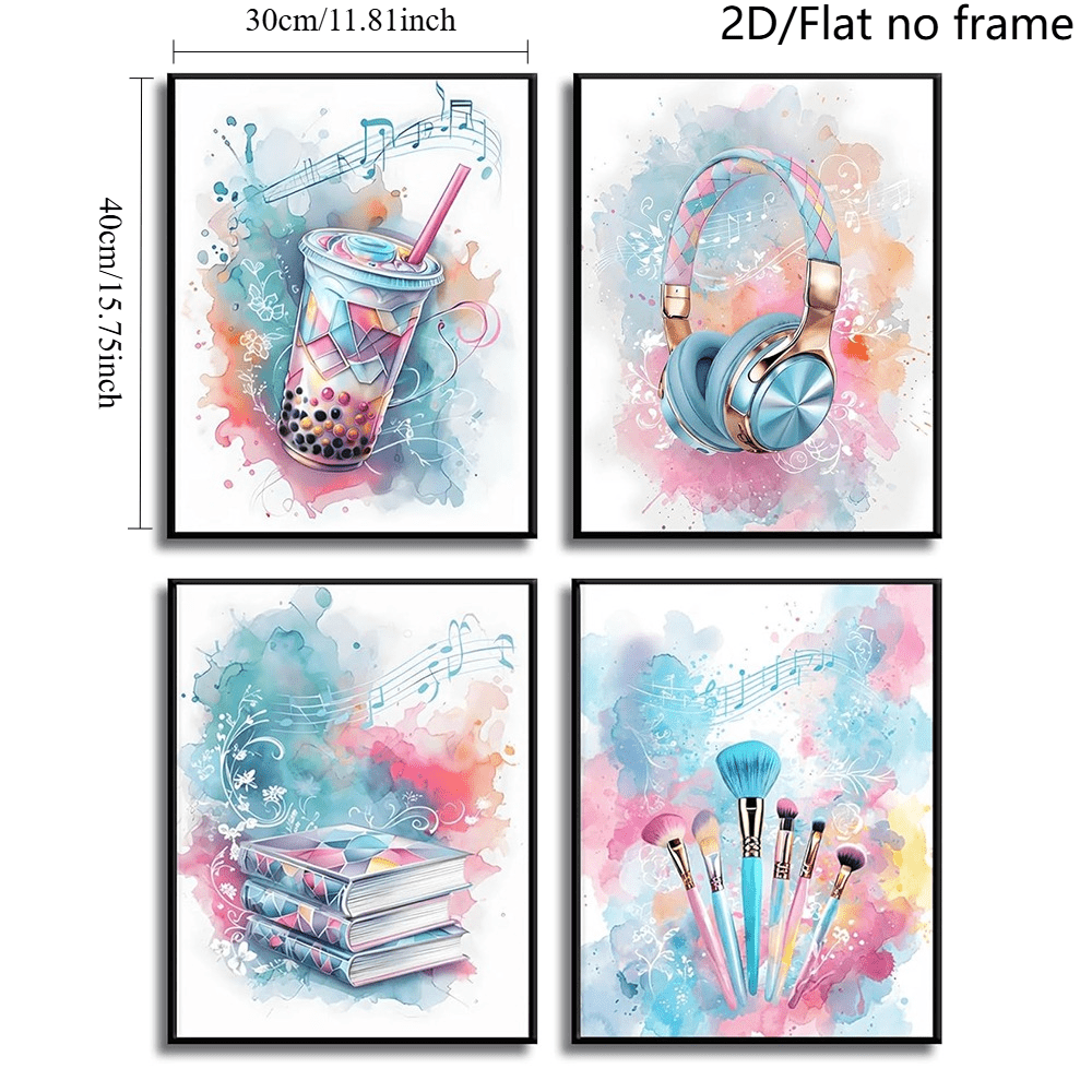 TEMU 2d Flat, 2d/flat Frameless, 4pcs Watercolor Painting Posters Of Adolescent Girl Music Lovers, Girl's Dormitory Bedroom Wall Stickers, Printed