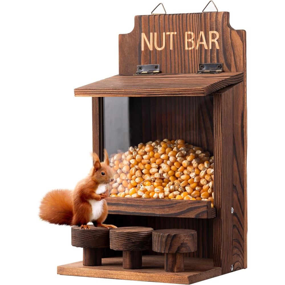 TEMU Funny Squirrel Feeder For Outside - Carbonized Wooden Chipmunk Feeder With Peanut Dispenser, 10.8x6.1x5.3 Inches, , Durable & Weather-resistant