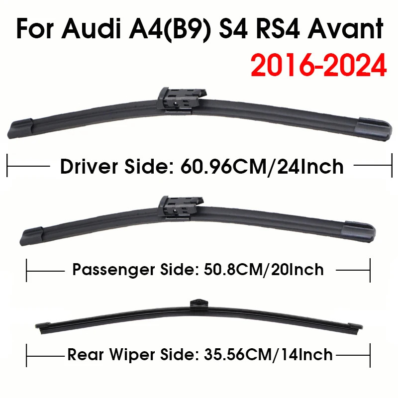 E-shop 1 Satz 3 Scheibenwischerblätter für AUDI A4 (B9) S4 RS4 2016-2024, Front- Heckwischer-Set mit 24"+20"+14" Blättern Clip-Armen,