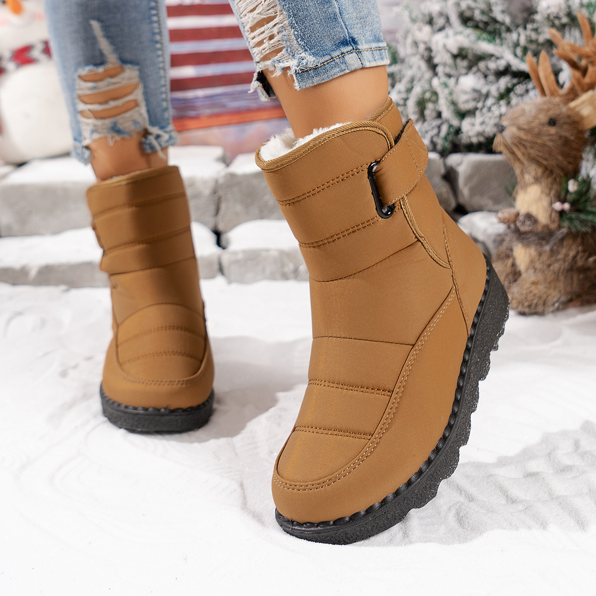 Fashion Multi Shade Hook Loop Thermal Ankle Boots Windproof High Quality Nylon Fabric Fluffy Interior Deep Serrated Traction Outsole Lightweight Warm Snow Booties For Women Autumn Winter Outdoor Use