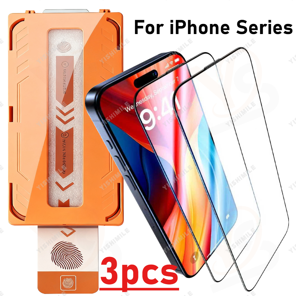 E-shop 3er Set Orange High-Definition Auto-Alignment Panzerglas Displayschutzfolien für iPhone 13 bis 17, inklusive Pro, Pro Max, Plus und Air