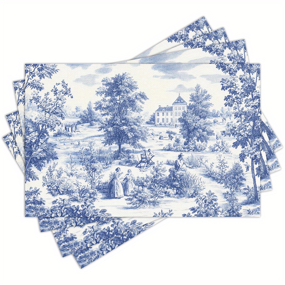 TEMU 4pcs French Country Placemats Suitable & Dining Table - Vintage French Toilet Pattern Table Mats With Farmhouse Decor, Hand Washable Tableware
