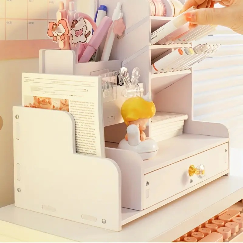 desktop pen storage solution featuring drawers and dual file holders ideal for organizing art supplies versatile for home office and educational use Product details 3
