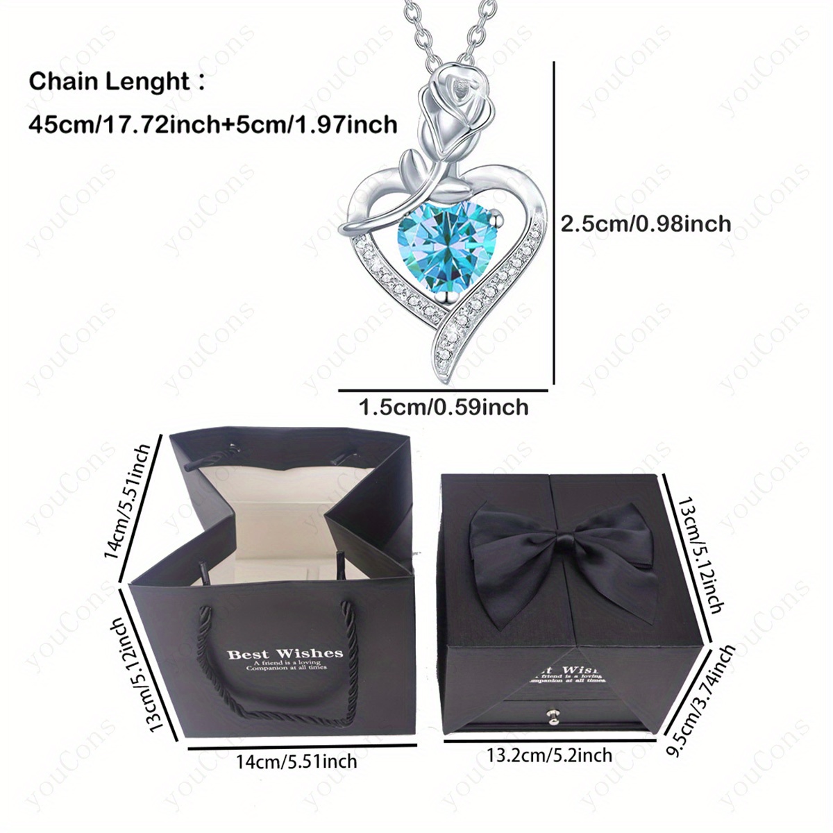 Women's Light Blue Lucky Stone Heart Pendant Necklace Gift Set
