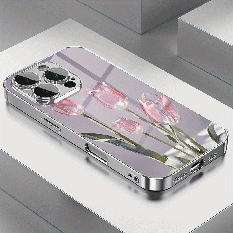 TEMU Phone Case: Tulip Pattern Electroplated Glass Phone Case With Lens Protection, Suitable For Iphone 16/16 Pro/16 Pro Max/16 Plus/ Plus/15 Pro/15
