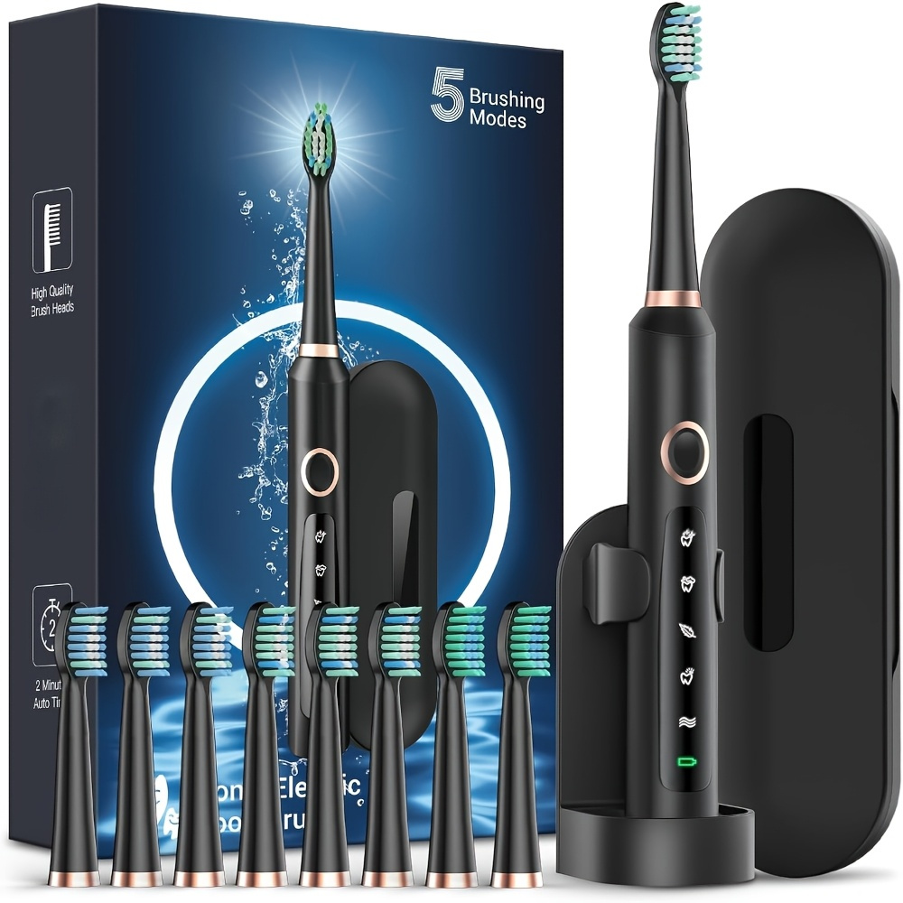TEMU M5 Electric Toothbrush For Adults - Rechargeable Electric Toothbrush With 8 Brush Heads & Travel Case, Toothbrush With Holder, 3 Hours Charge For 120 Days Valentine's Day Gifts