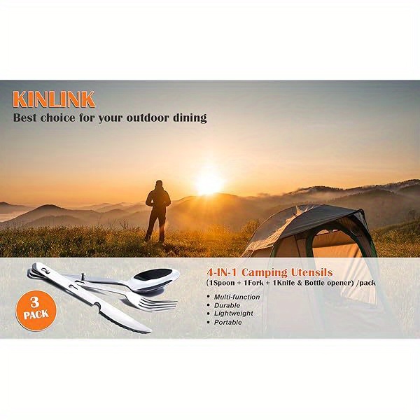 4- in- 1 camping utensils 3- pack, portable stainless steel spoon, fork, knife & bottle opener combo set, travel/ camping/ hiking/ picnic/ barbecue/ outdoor backpacking utensils with carrying bag, camping accessories and equipment, cutlery camping, picnic accessories, camping dishes, camping accessories travel utensils, barbecue tools, foldable utensils, lightweight cutlery,   steel, durable cutlery, portable cutlery, multitool utensils, picnic lovers, Product details 0