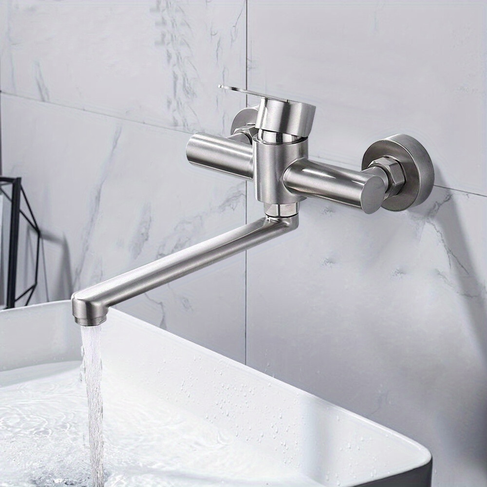 Single-handle Wall-mounted Spout Faucet Suitable Sink - Stainless Steel Mixer Tap With Valve, Single-hole Installation, Hot/ Water Mixer, Compatible For And Double-spill Systems