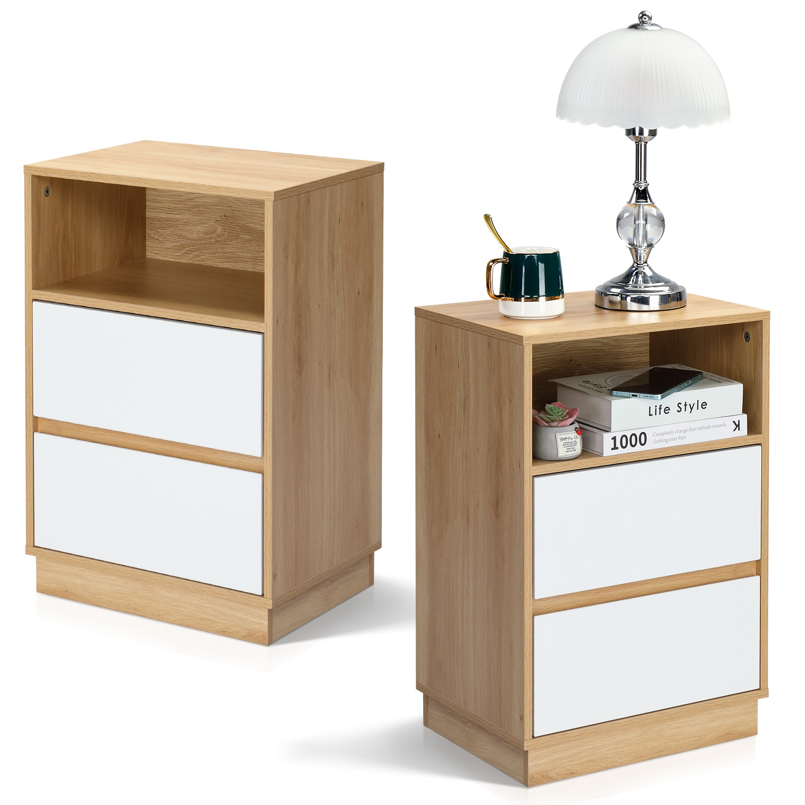 Image of Contemporary Bedside Table Featuring 2 Drawers And A Top Storage Area, Measuring 40x30x60 Cm, In A White And Oak End, Suitable For Bedrooms, Dorms, Or Apartments