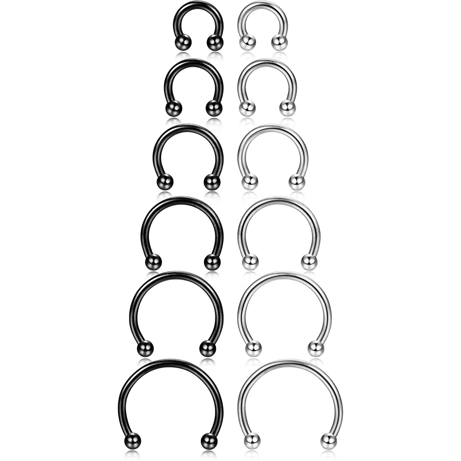 Image of 12pcs 14-16g Stainless Steel Nose Rings Septum Piercing Cartilage Horseshoe Earring Body Piercing 6mm-16mm