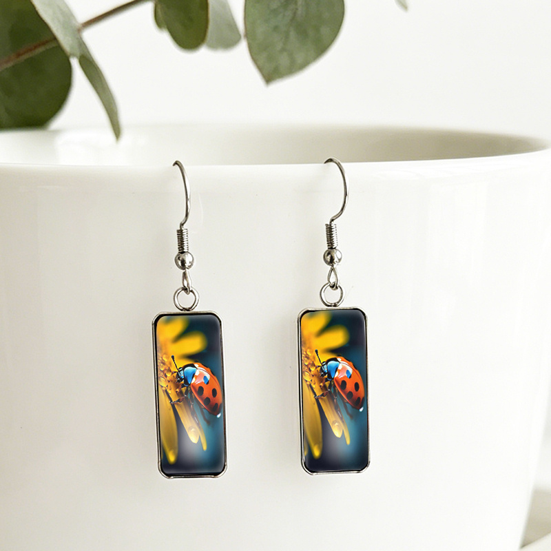 Sunflower Ladybug Dew Rectangular Glass Cabochon Earrings