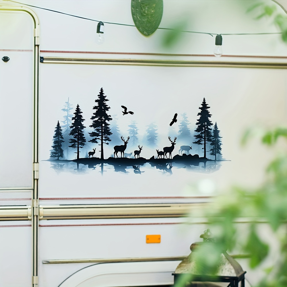 Rustic Mountain & Forest Wildlife Decal - Pine Trees, Deer & Birds Wall Sticker For Rvs, Cars, Trucks - Durable Pvc