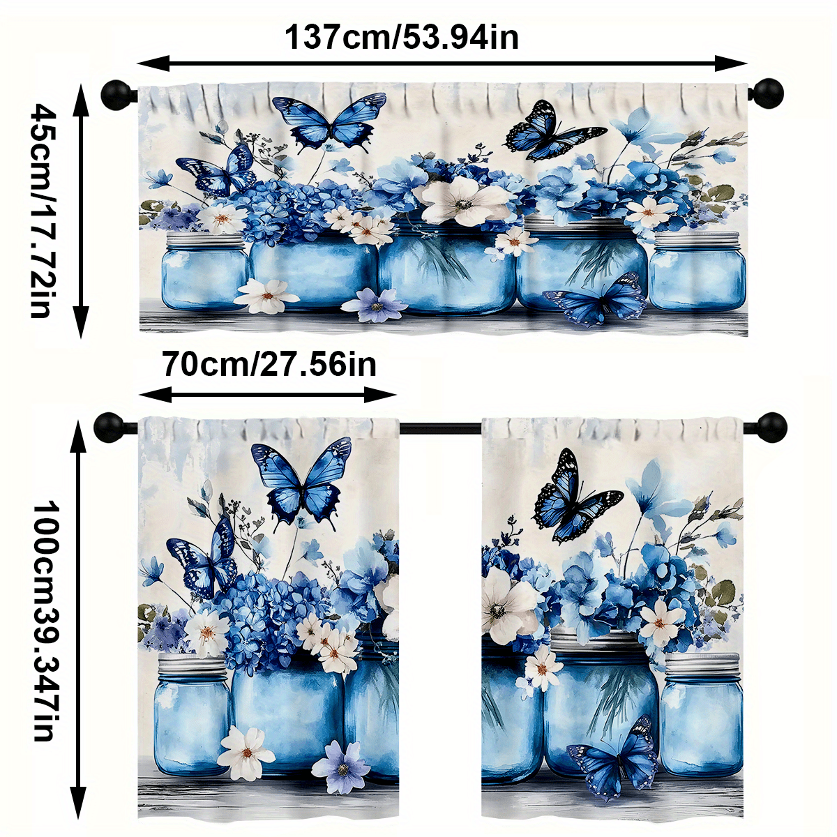 TEMU 3pcs Set Of Floral Print Kitchen Curtains For Home Decor
