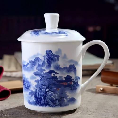 chinese gongfu loose leaf tea brewing system bone china porcelain tea cup with tea cup lid blue and water cup