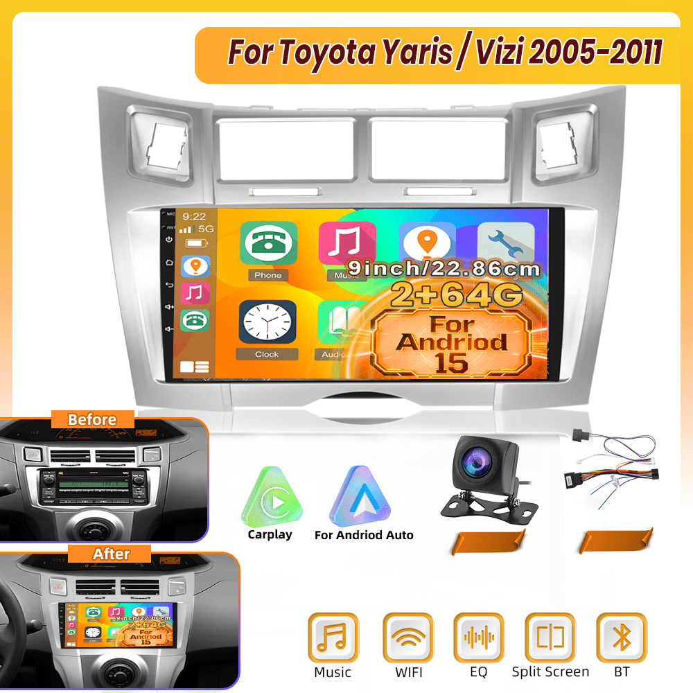 TEMU Car Radio For Yaris/ 2005-2011, 15 (2g 64g) 9 Inch Touchscreen, Featuring Integrated /, Eq/fm/rds Radio, Wireless 5.0, Wi-fi Download, Swc, And