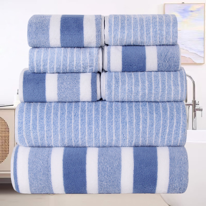 8pcs Coral Fleece Set: Towels, Washcloths, Bath Towels, Quick-dry Striped Adult Face Towels For Bathrooms