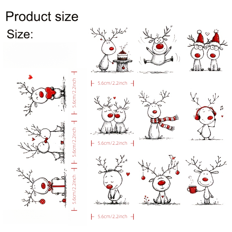 TEMU 12pcs Red- Reindeer Theme Vinyl Dtf Transfer Stickers, Suitable Cups, 16-ounce Glasses, Coffee Mugs, Ceramic, Computers, Phone Transfer Paper,