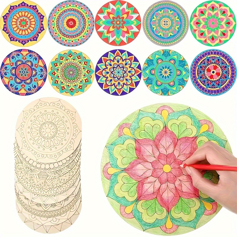 Image of A Set Of 10 Wooden Hand-painted Mandala Coasters, Unfinished Wooden Pieces For Hand Painting.
