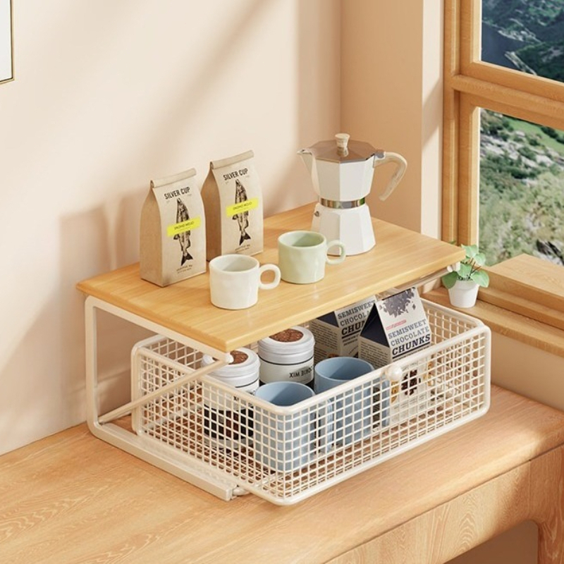 Image of Coffee Machine Storage Rack Countertop Shelf, Kitchen Countertop Organizer With Drawers And Metal Baskets, Microwave Holder, Suitable For Coffee Machines, Tableware, Spices - Pull-out Storage Rack