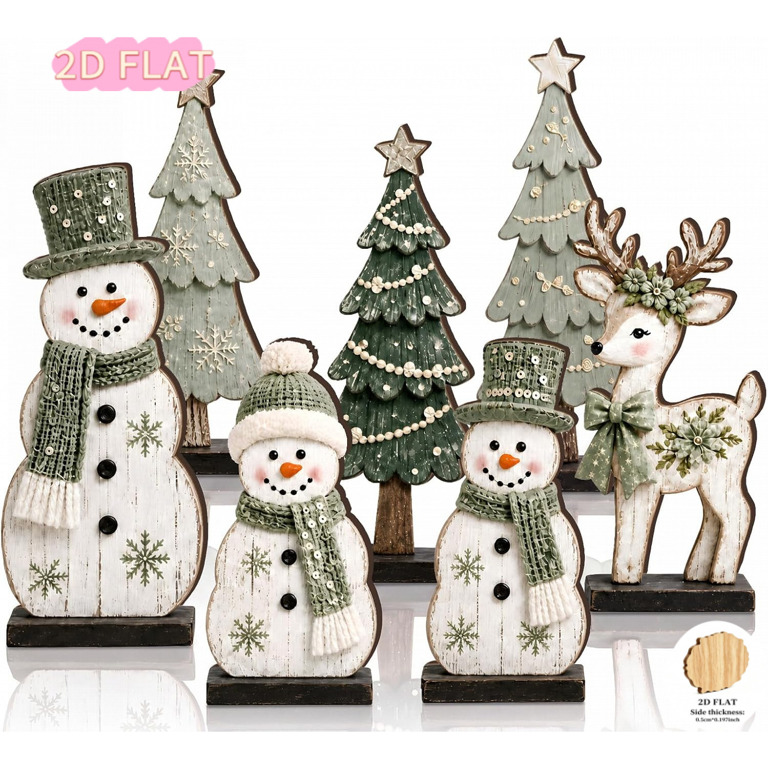 TEMU 7pcs Table Decor Wooden Snowman Tree Deer Decor, Sage Green