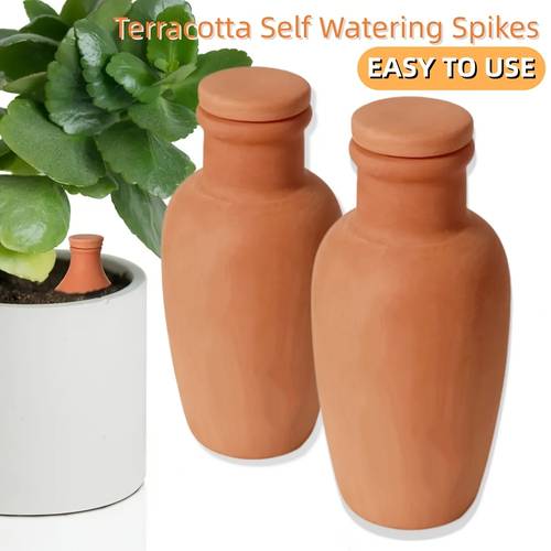 2 pack of clay self watering planters with lids 18 ounce plant watering balls clay plant watering spikes terracotta plant watering devices ideal for indoor and outdoor vacations ceramic irrigation drippers