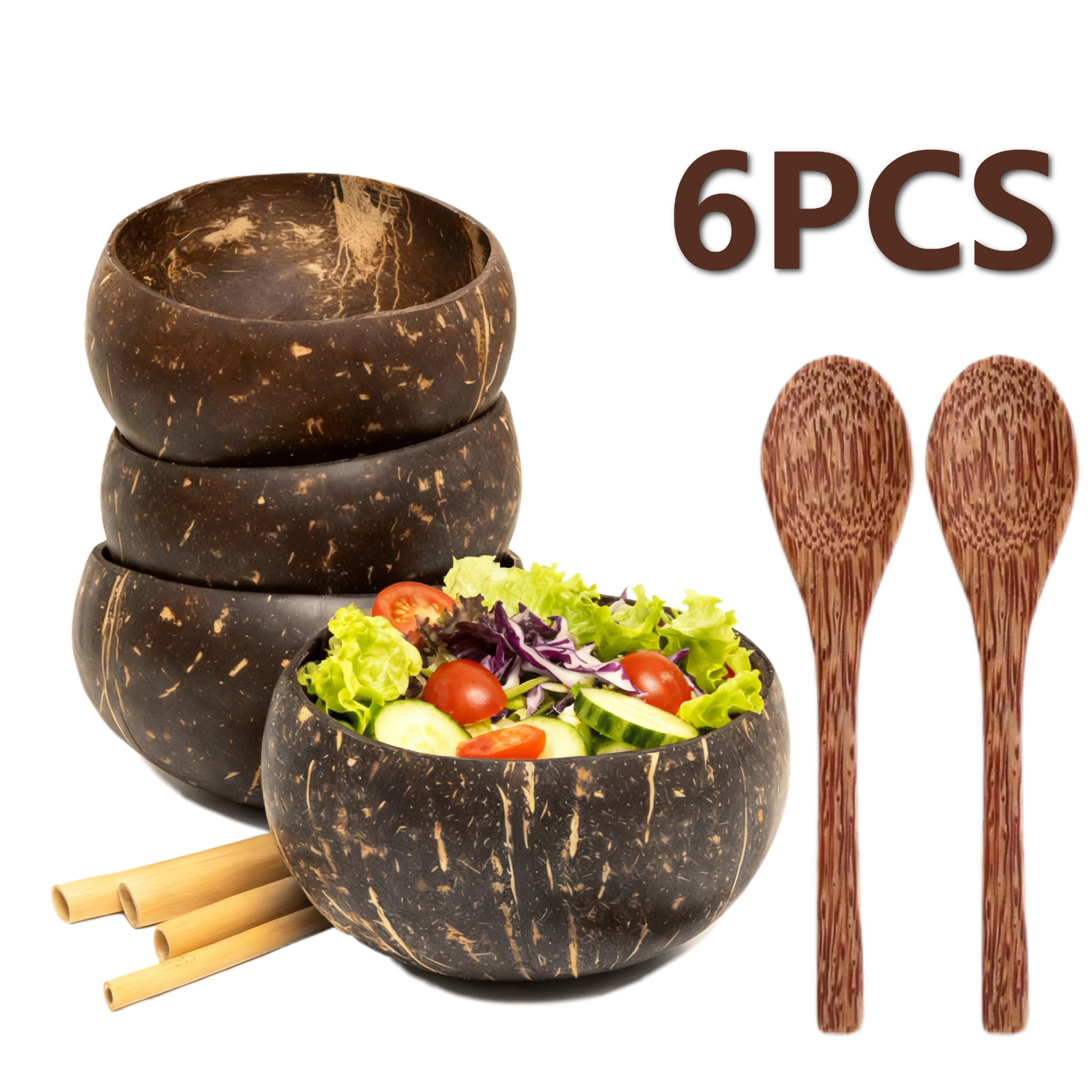 TEMU 6pcs Handmade Natural Coconut Shell Bowls, Includes Spoon, Made Of Natural Coconut, Twisted Shape Irregular Round - Natural Wooden Salad,