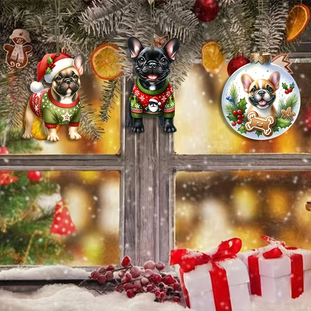 10pcs Festive French Bulldog Christmas Ornaments - Handcrafted Wooden Hanging Decorations with Santa Hats, Scarves & Holiday Outfits, Perfect for Holiday Tree & Home Decor, No Electricity Needed, Christmas Decorations