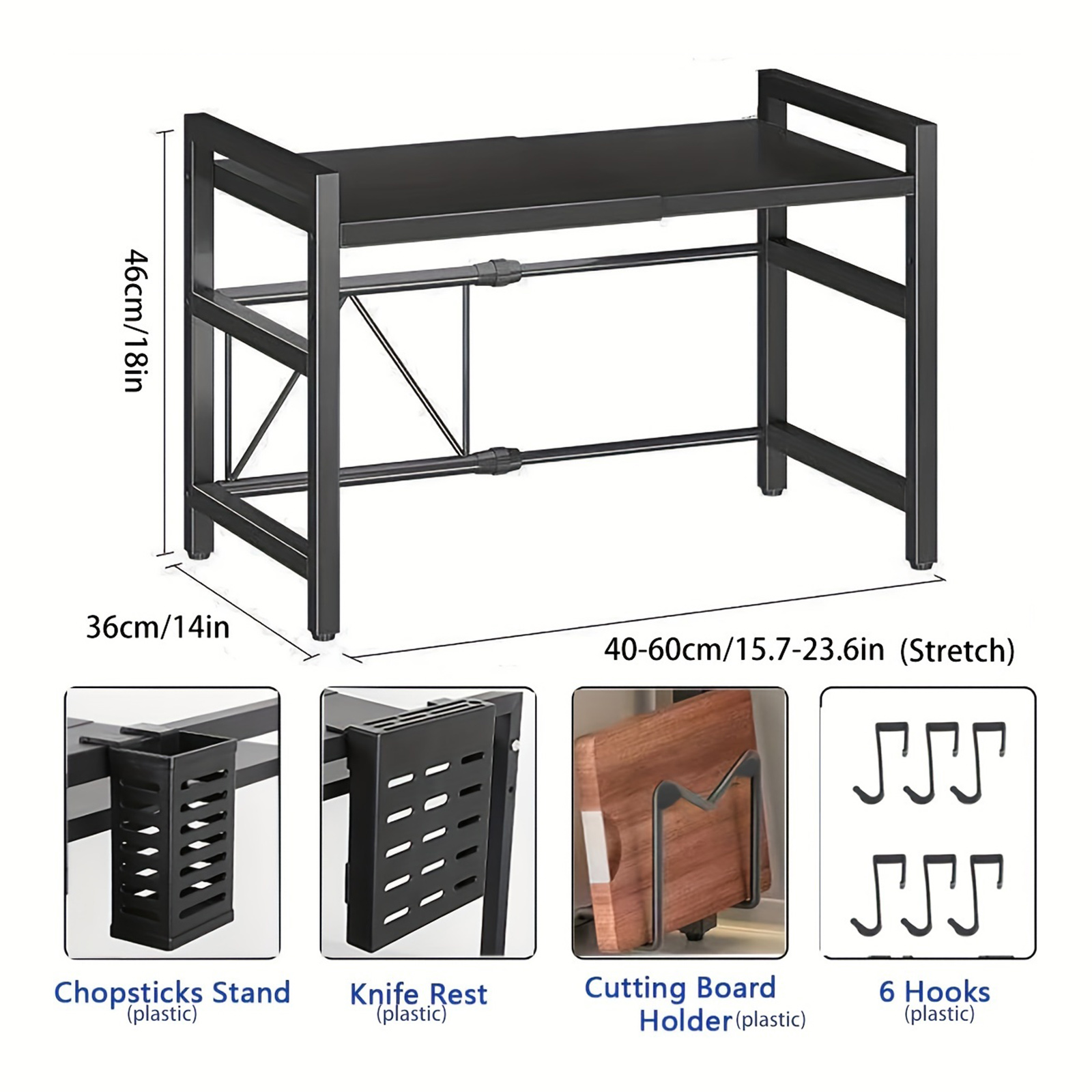 E-shop 1 Erweiterbarer Mikrowellenständer Arbeitsplatten-Organizer, Verstellbare Länge 15,7-23,6" & Schichthöhe, Rostfreier Kohlenstoffstahl, Inklusive