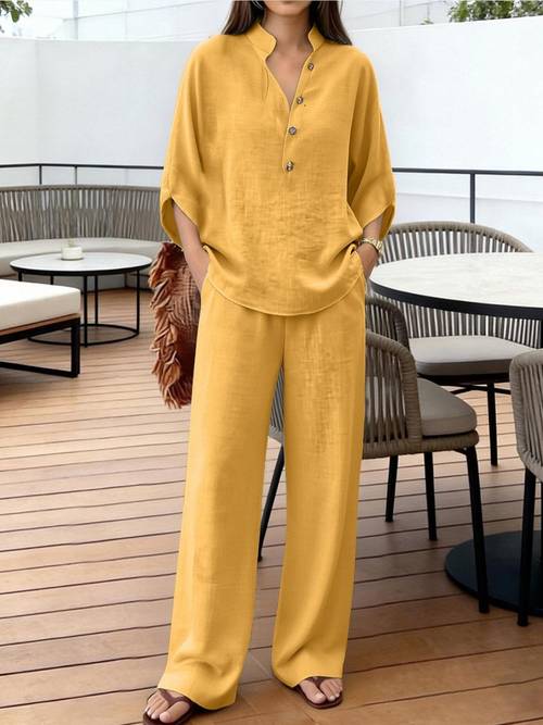 womens 2pcs linen set 3 4 sleeve button up v neck shirt top wide leg pants shirt dress top cover up with elastic waist pants suitable for casual wear spring summer autumn beach vacation outfits