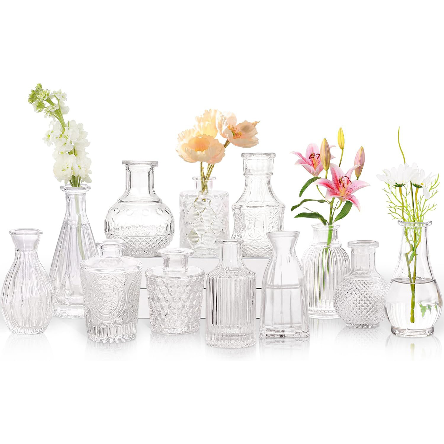 Image of Set Of 12 Vintage Glass Vases For Floral Arrangements, Featuring Clear Jars Ideal For Centerpieces, Wedding Decor, Home Use, And Flower Party Decorations