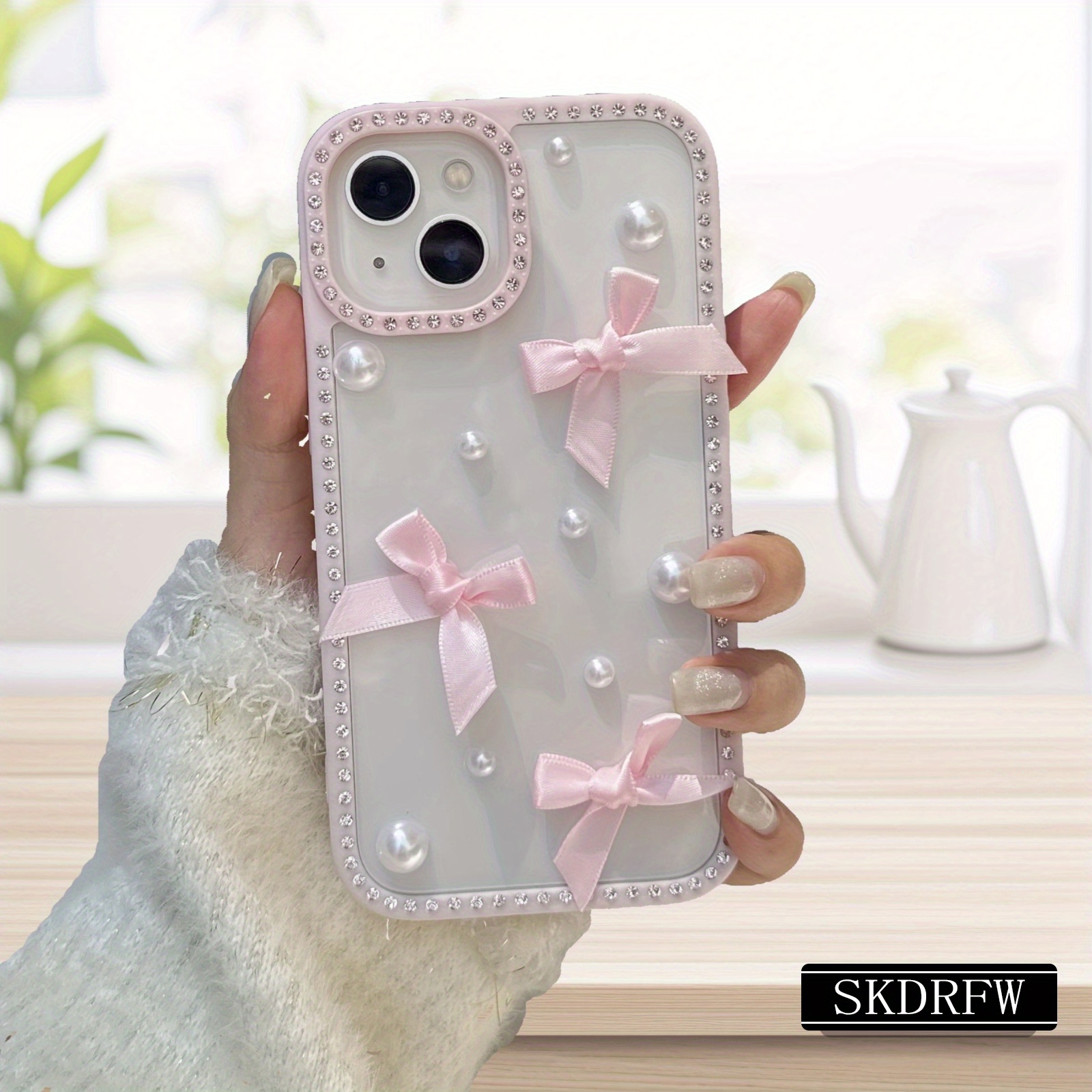 TEMU Phone Case - Rhinestone Frame 3d Bow Pearl Frame Transparent Backboard Phone Case Suitable For Iphone 18 18pro 18promax 17 17pro 17promax 16