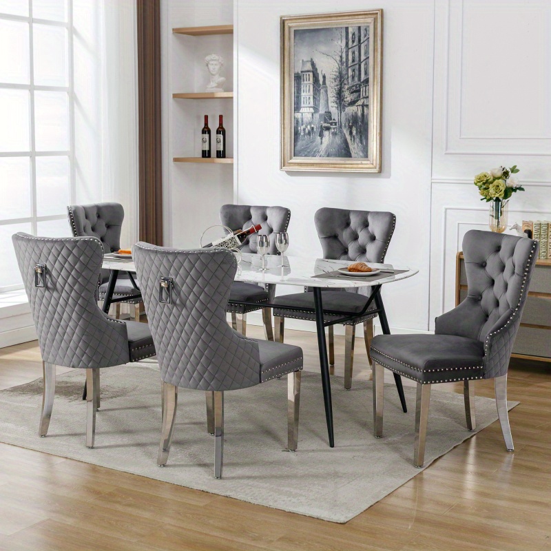 Dining chair kitchen chair living room chair with unique   on the back 6 st upholstered chair with nail head trimming socks made of metal   of velvet gray