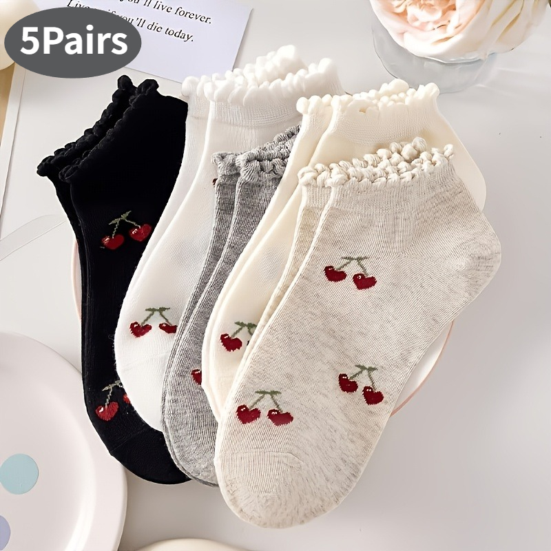 TEMU 5-pair ( Order) Women's Cherry & Lace Ankle Socks - Breathable Short Sock Suitable For Spring Summer, Casual Outdoor Wear, Cute -style For -day,
