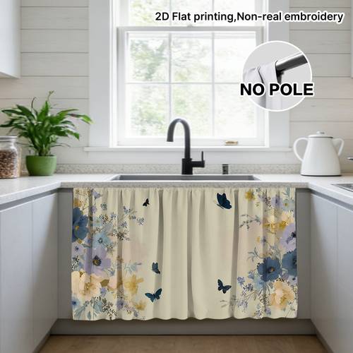 2d flat 1pc spring floral butterflies pattern kitchen cabinet door curtain rod machine washable polyester fabric kitchen storage cabinet cover decor 2d flat