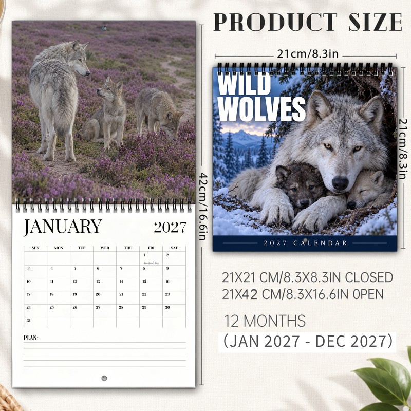 TEMU Wild Wolves 2027 Wall Calendar - Spiral-bound 12-month Hanging Planner With , Thick Paper Suitable For , Thick Paper Pages & Marked Holidays, To