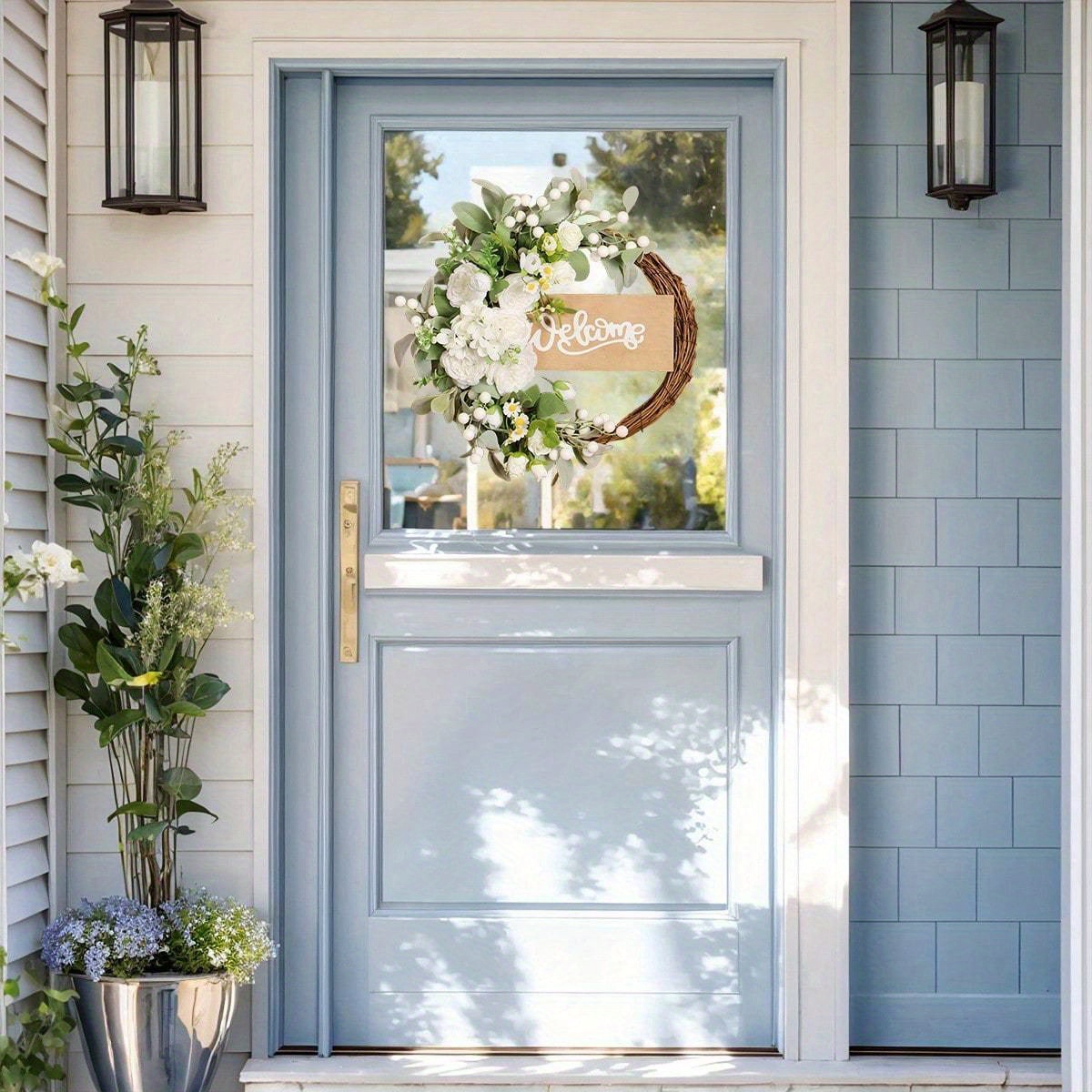 Image of 14-inch Welcome Wreath Featuring A Welcome Sign, Wreath With A Door Sign, Greenery Wreath For Door Decoration, Spring Floral Outdoor Porch Farmhouse Rattan Wreaths For Home Decor