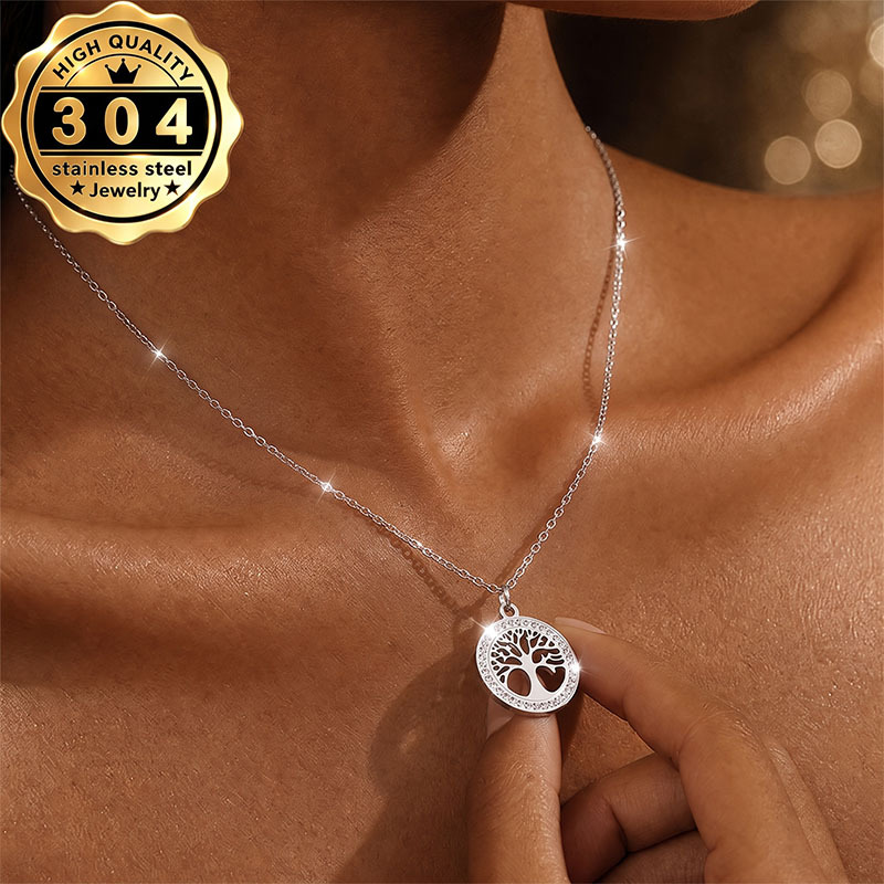TEMU 1pc Classic Rhinestone-encrusted Tree Of Life Hollow-out Round Pendant Chain Necklace For Women, Wear-resistant And Washable Stainless Steel