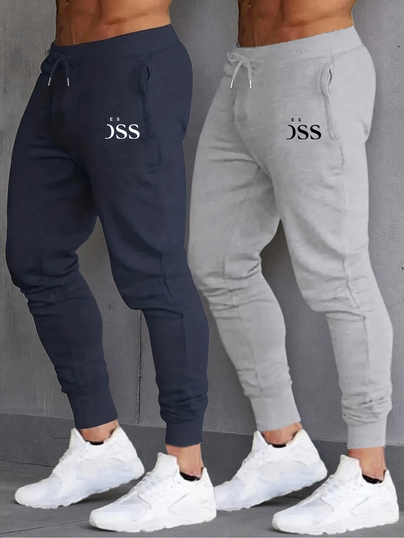 Men's 2-Tone Jogger Pants with Elastic Waist & Drawstring - Dark Green/Black/Navy Blue Gym Track Pants, White Logo Print, 100% Polyester Athletic Casual Trousers for Training, Workout & Casual Attire (Machine Washable)