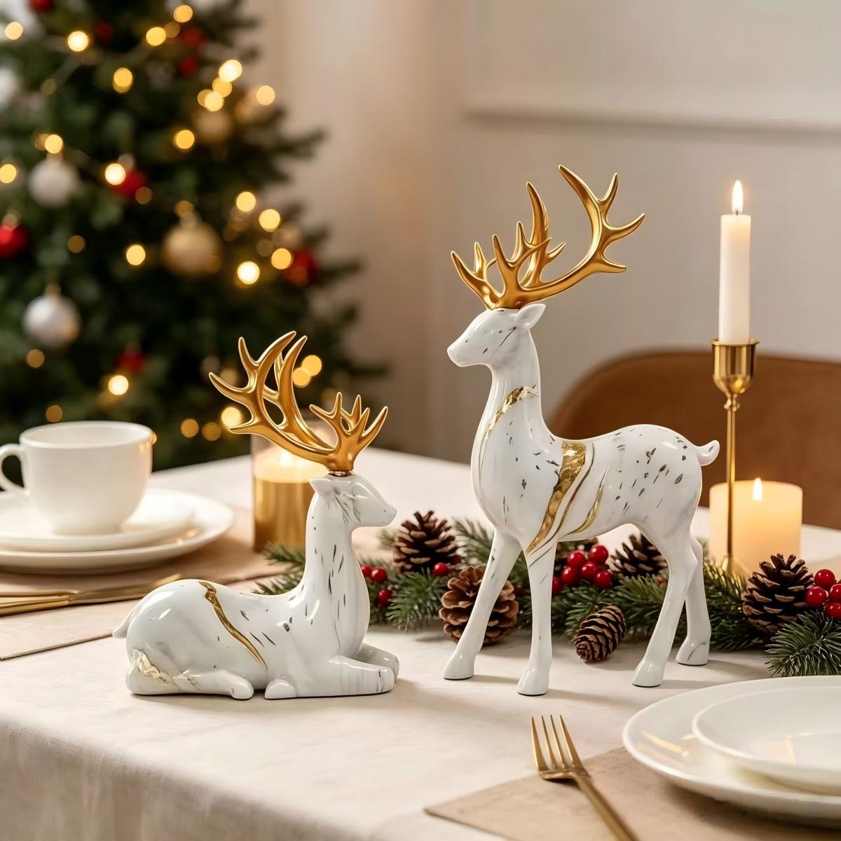 TEMU Luxury Christmas Deer Statue 2pcs, Marble Texture Reindeer Figurines With , Modern Tabletop Ornament For Living Room Shelf, Xmas Decoration