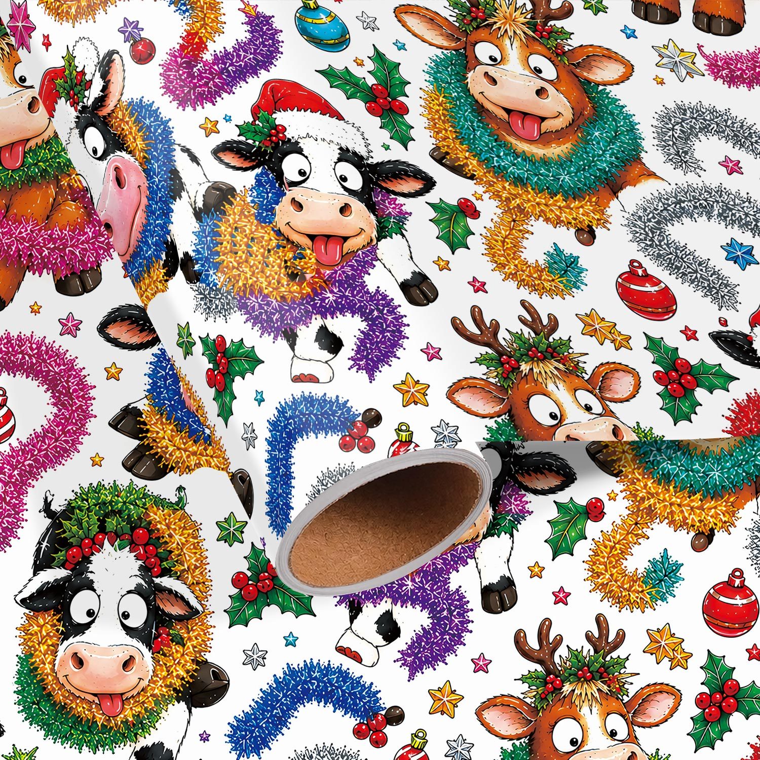 TEMU Roll Funny Cow Christmas Wrapping Paper Suitable For Xmas Gifts, Birthdays & Party Decorations - Single-sided Colorful Cow Patterns With Santa