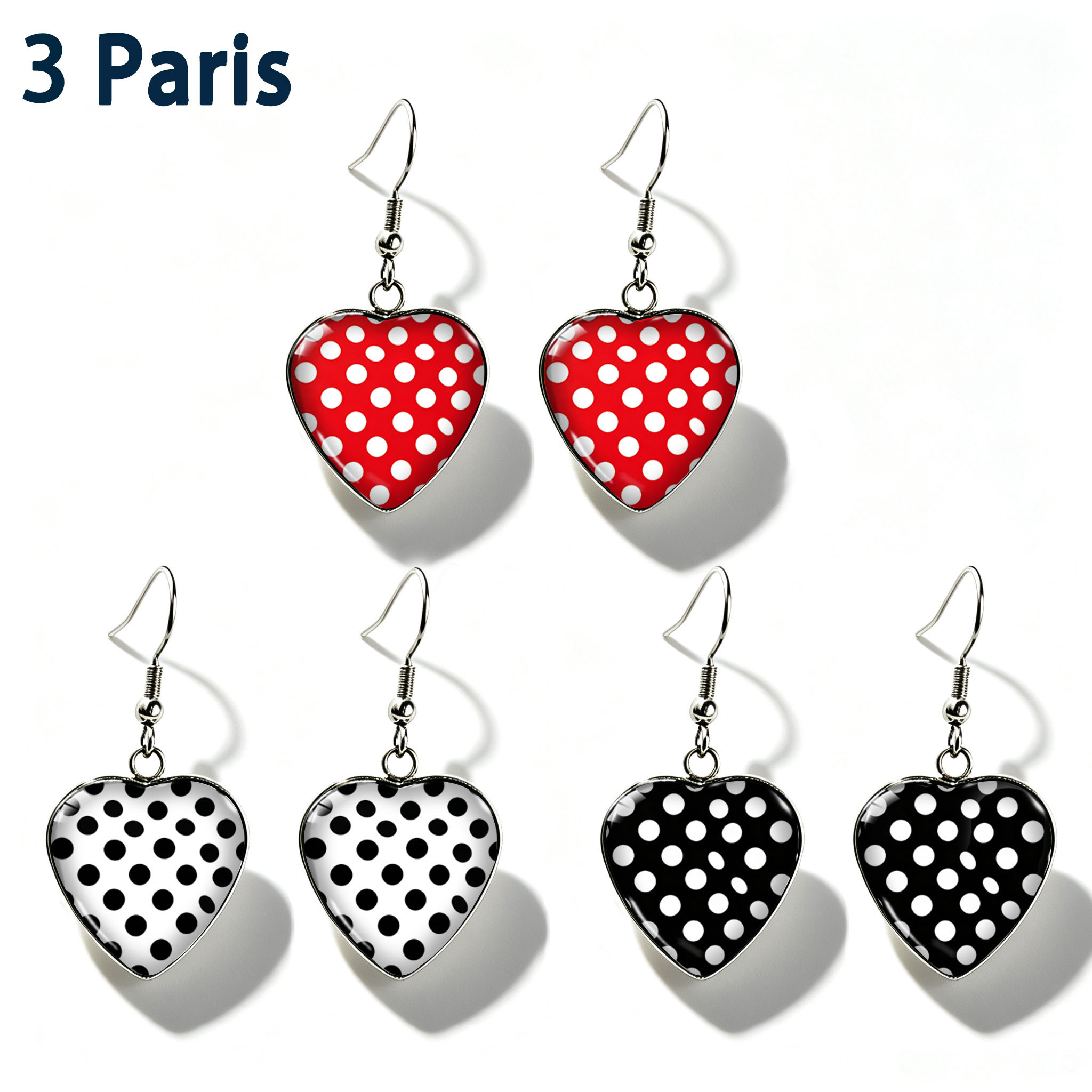 TEMU 3-pair Set Stainless Gemstone Heart Earrings, Vintage Red Black And White Polka Dot Classic Dot Print Heart-shaped Drop Earrings, Style Glass