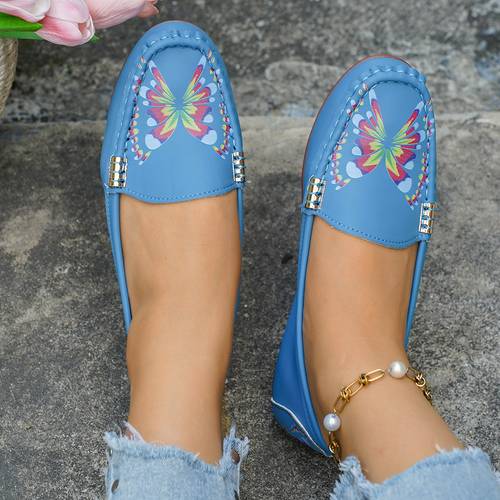 Women s Loafers, Flat Shoes, Slip-On, Fashionable Print, Metal Decoration, Moccasins, Lightweight, Soft and Comfortable, European and Sizes, Arch Support, Black, White, Royal Blue, Women Shoes